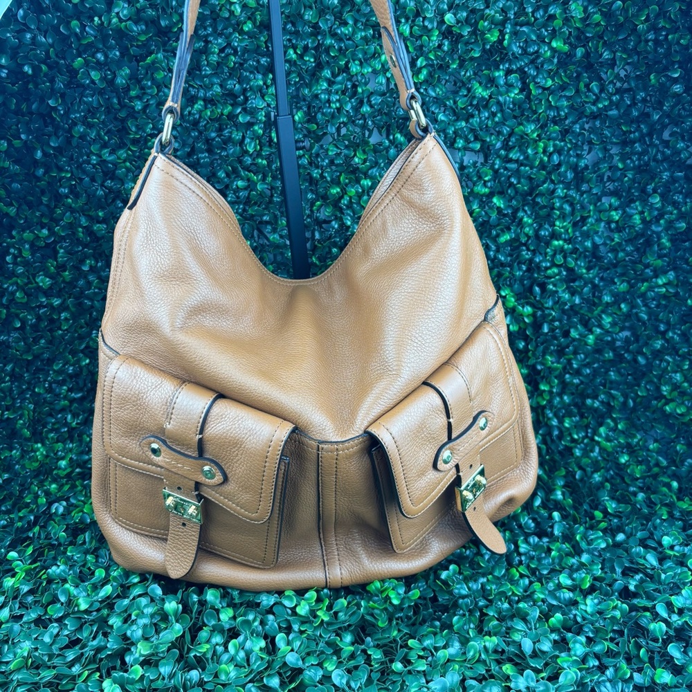 LAUREN RALPH LAUREN TAN LEATHER TWO POCKET HOBO BAG
